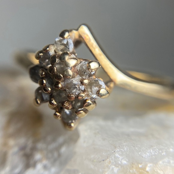 Diamond Cluster 14k Gold Bypass Ring - Picture 3 of 9